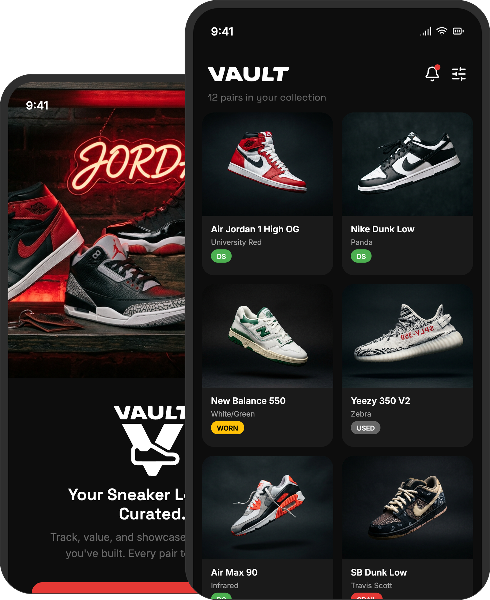 Vault app — onboarding and collection grid screens